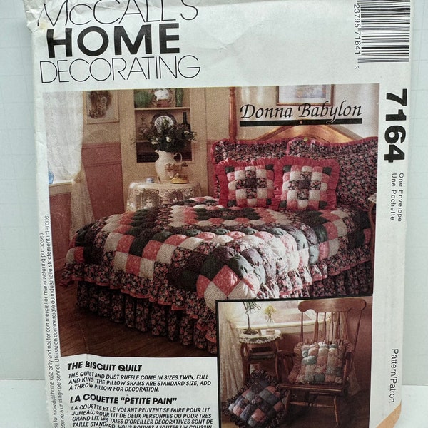 McCall’s 7164 608 Bedroom Decor Sewing Pattern Biscuit Quilt Dust Ruffle Pillow Shams and Throw Pillows Twin, Full and King Size  UNCUT FF