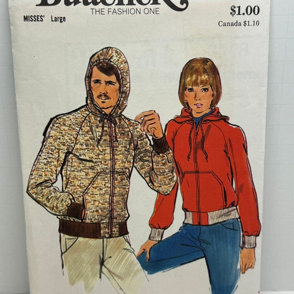 Butterick 3778 Misses Hooded Sweatshirt Sewing Pattern Vintage 1970s Zip Front Size Large 16-18 UNCUT FF