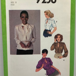 Patrón de costura para blusa con cuello de lazo y botones delanteros Simplicity 9238 para señoritas, escote tipo cerradura con abertura, talla 12, sin cortar