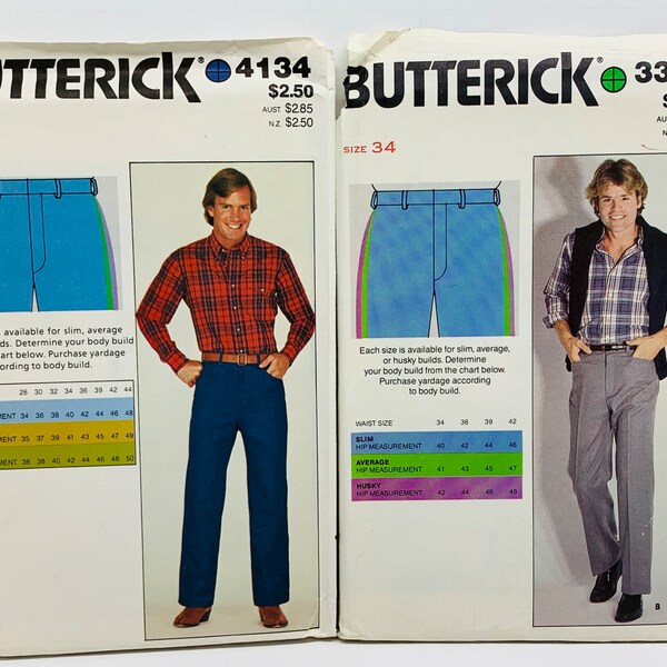 Vintage 1980s Men’s Proportioned Pants Sewing Pattern Butterick 4134 3318 Sizes 34 or 36 Adjusts for Slim, Average or Husky UNCUT FF