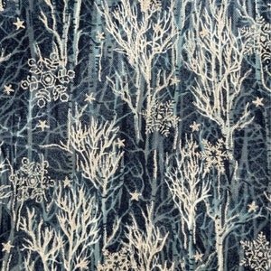 Winter Bare Trees and Snowflakes Cotton Fabric Christmas Silver on Blue by Texstyle 1 Yard Vintage