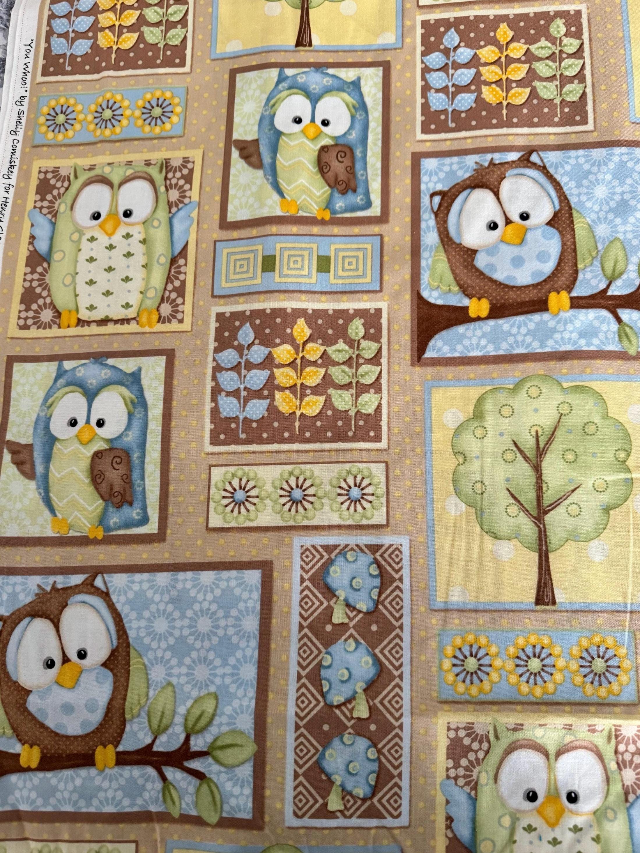 Owl Tree Flower Squares Cotton Fabric You Whoo by Shelly Comiskey for Henry Glass QSQ Owl Fabric Yel