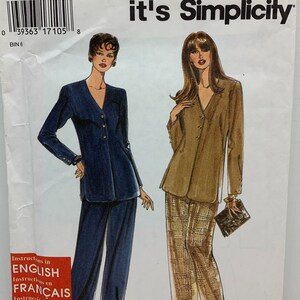 May include: A sewing pattern for a blazer and pants. The pattern is for sizes 10-20. The pattern is from Simplicity and is called "It's SO EASY it's Simplicity".