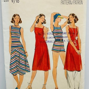 May include: A vintage sewing pattern for a sleeveless dress with a striped skirt, a solid red dress, and a striped dress with shorts. The pattern is for sizes 9 and 10 and is from Butterick, The Fashion One. The pattern number is 5423 and the price is $2.00.