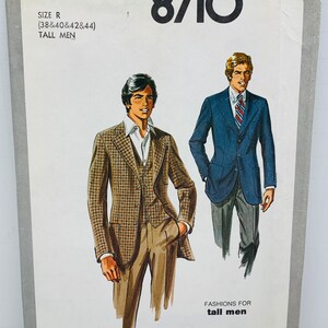 May include: Vintage Simplicity 8710 sewing pattern for tall men's fashions. The pattern features illustrations of a three-piece suit and a blue blazer. The pattern size is R (38, 40, 42, & 44).