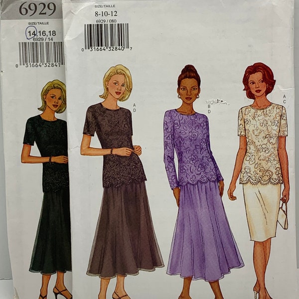 Easy Two Piece Dress Sewing Pattern Butterick 6229 Button Front Top Scalloped Hem Straight or Flared Skirt Sizes 8-10-12 or 14-16-18 UNCUT