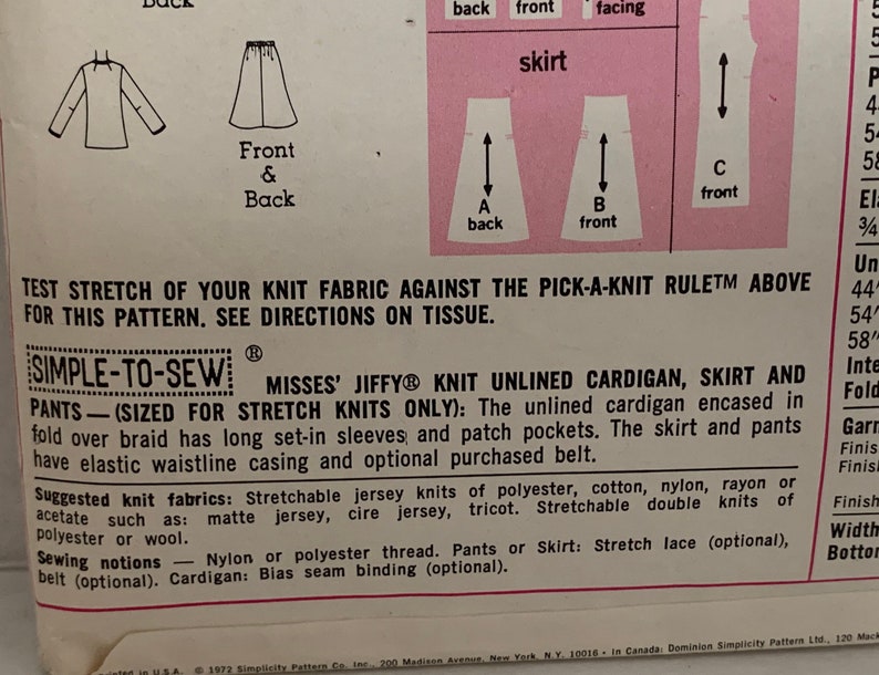 Vintage Simplicity 5452 Womens Misses Unlined Cardigan Jacket Pants and Skirt Sewing Pattern Size 16 1970s Neatly Cut and Complete image 9