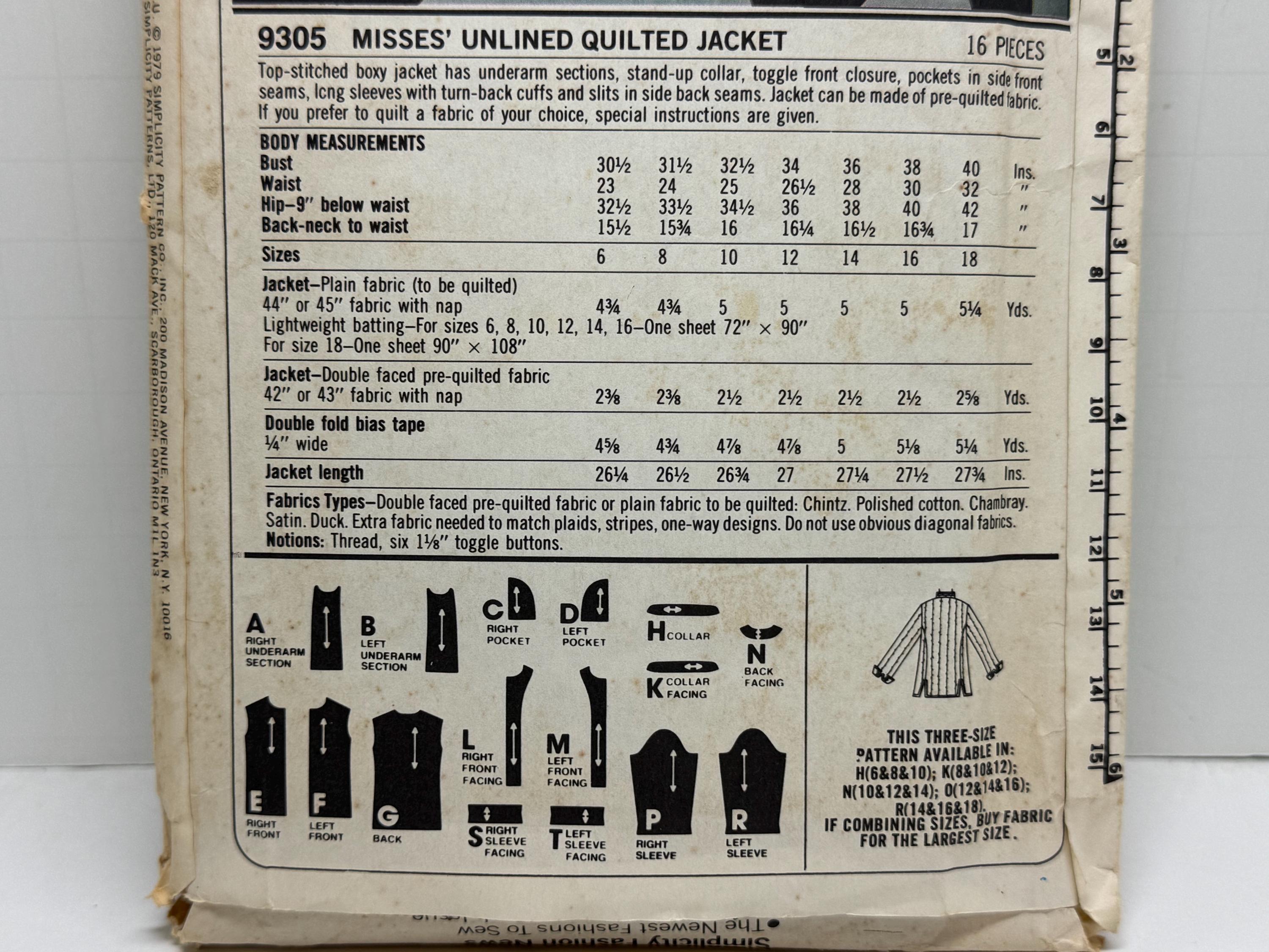 Simplicity 9305 Misses Quilted Jacket Sewing Pattern Unlined Sizes 14 ...