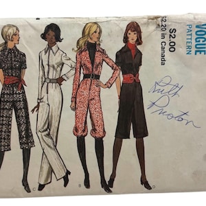 May include: Vintage Vogue pattern envelope featuring illustrations of four women in stylish jumpsuits and a romper. The envelope is aged, with handwritten notes and text indicating the price and size.