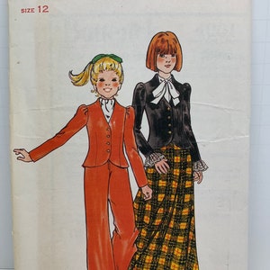 May include: A vintage sewing pattern for a girl's outfit. The pattern shows two different styles: a red pantsuit and a black jacket with a plaid skirt. The pattern number is 4001 and the price is $1.00.