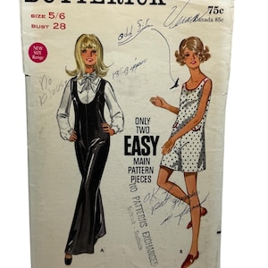 May include: Vintage sewing pattern for a two-piece outfit, featuring a black jumpsuit and a white polka dot dress. The pattern is from Butterick and is size 5/6, bust 28. The pattern is labeled "Easy" and "Only Two Main Pattern Pieces".
