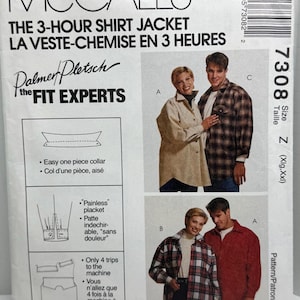 May include: McCall's sewing pattern for a 3-hour shirt jacket. The pattern features images of the finished shirt jacket in various styles. Includes text: "Easy one piece collar" and "Painless placket". Size Z (Xlg, Xxl).