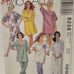 Misses Nightshirt And Pajamas Sewing Pattern McCall&#39;s 6256 Length Sleeve and Neck Variations Loungewear Size 10-12 UNCUT FF
