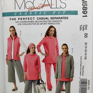 May include: A sewing pattern for a casual separates outfit. The pattern includes a jacket, top, and pants. The pattern is for sizes 8-10-12-14-16. The pattern is called "The Perfect Casual Separates".