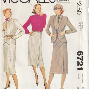 May include: McCall's sewing pattern featuring three women's outfits: a white suit, a pink blouse with a white skirt, and a tan suit. The pattern includes the text "McCall's", "evelyn de Jonge", and the number "6721".