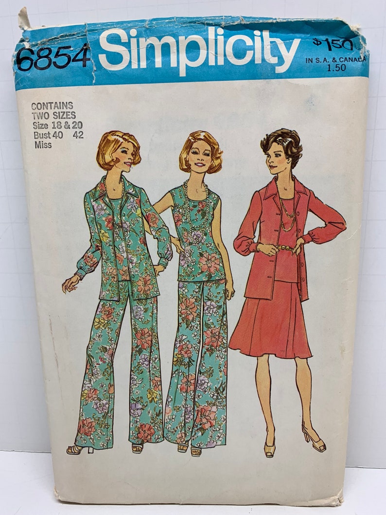 VTG 70s Tops, Wide Leg Pants & Flared Skirt Sewing Pattern Simplicity 6854 Pullover Shell and Button Front with Collar Sizes 18 20 UNCUT image 1