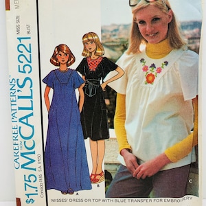 May include: Vintage McCall's 5221 sewing pattern. The pattern features illustrations of a dress and top with embroidery options. The cover includes the text "MISSES' DRESS OR TOP WITH BLUE TRANSFER FOR EMBROIDERY" and the price.
