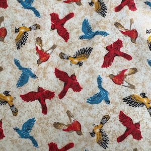 Colorful Bird Fabric Cotton Blue Jays Cardinal Plus A Variety of Other Birds Neutral Background