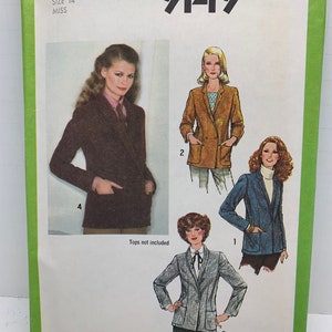 May include: Simplicity sewing pattern 9149 for Misses' blazers. The pattern features four blazer styles in various colours, including brown, tan, grey, and blue. The pattern size is 14. The text "Tops not included" is also visible.