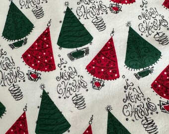 Flannel Christmas Tree Fabric Merry Christmas Soft Cotton White Background Pine Trees OOP