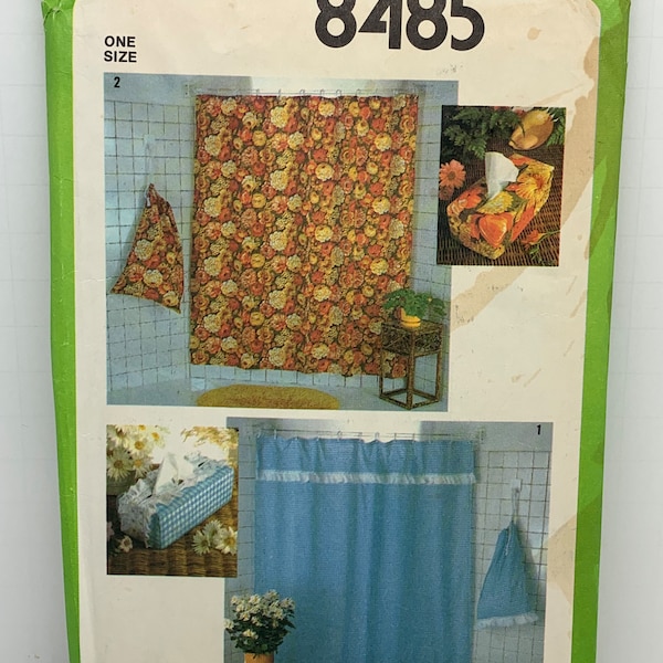 UNCUT Vintage 1970s Bathroom Accessories EASY Sewing Pattern Shower Curtain Tissue Box Cover and Laundry Bag Simplicity 8485 4-Pc Pattern