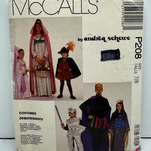 May include: McCall's costume pattern featuring various medieval and fairytale outfits. The pattern includes designs for a king, queen, princess, knight, and Robin Hood. The package is labeled "P208" and size 7/8.
