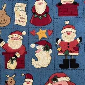 Tela de algodón con estampado de Papá Noel, cartas a Papá Noel, árboles, corazones y estrellas, decoración rústica, fondo azul, estilo vintage de los años 90