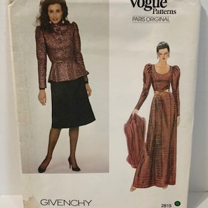 Vintage Vogue 2815 Paris Original GIVENCHY Sewing Pattern Misses Designer Evening Dress 2 Lengths Size 14 Bust 36 1980s  UNCUT FF