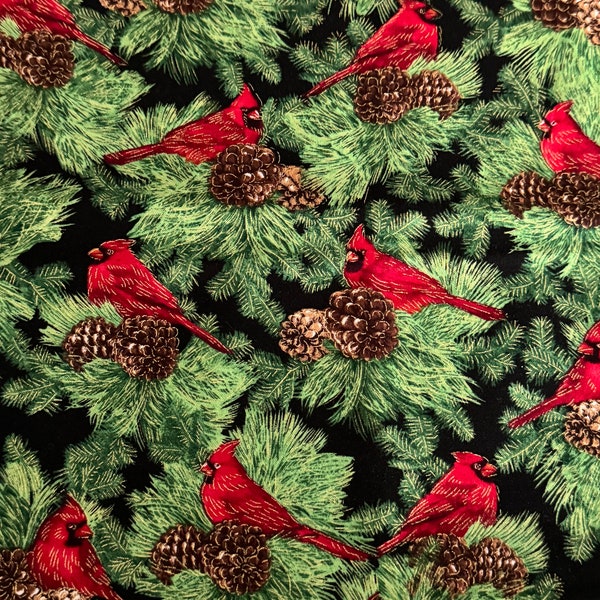 Cardinal Birds Christmas Fabric Pine  Branches Pine Cones Cotton Hi-Fashion Fabrics Black Background One Yard