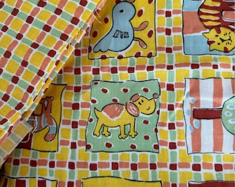 Vintage 1980s Cotton Children’s Fabric Novelty Design Dogs Cats Chicks Snails Trees on Yellow Check Background Gender Neutral Your Choice
