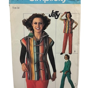 May include: Vintage Simplicity sewing pattern, size 14, featuring a woman in a colorful striped vest and red pants. The pattern includes instructions for a vest, pants, and a green suit. The text "Jiffy" is visible.