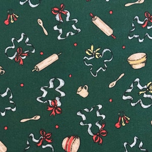 Christmas Fabric Baking Cookies Gingerbread Men Bowls Spoons Cookie Cutters Green Background Vintage 1990s You Choose Length