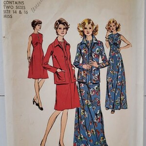 May include: Vintage Simplicity sewing pattern 6559 featuring illustrations of women's fashion designs. The pattern includes two sizes, 14 and 16. The cover displays a red suit, a floral print suit, and a red dress. The price is $1.25.