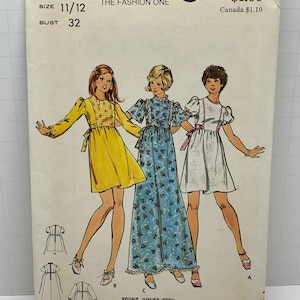 Vintage 70s Butterick 3095 Jr. Misses Cottagecore Dress 3 Lengths Ruffled and Tie Backs Sewing Pattern Size 11/12 Bust 32 UNCUT FF