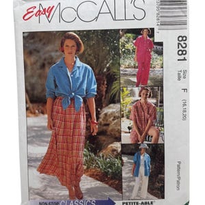 May include: McCall's sewing pattern featuring a woman in a blue shirt tied at the waist and a red plaid skirt. The pattern includes multiple outfit options. The text "NON-STOP CLASSICS" and "PETITE-ABLE" are visible.