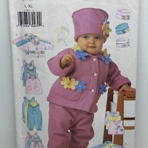 May include: A sewing pattern for a baby outfit, featuring a pink jacket, pants, and hat with flower embellishments. The pattern is from Butterick and is size L-XL. The pattern number is 6280.