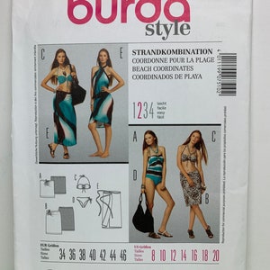 Op de afbeelding: Burda Style naaipatroon nummer 7510 voor strandkleding. Het patroon omvat vier verschillende stijlen: een haltertop en rok, een bikini-top en rok, een haltertop en broek en een bikini-top en broek. Het patroon omvat de maten 34 tot 46 en 8 tot 20.