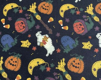 VIP Cranston Cotton Halloween Fabric Pumpkins Ghosts Witches Brooms Candy Corn Moon and Stars 44 x 49