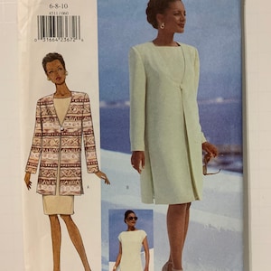 May include: Butterick sewing pattern 4511, featuring illustrations of women's dresses and jackets. The pattern includes a long, light green coat dress, a cream-colored dress, and a patterned jacket with a matching dress. The pattern size is 6-8-10.