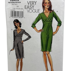 Vogue 8409 Misses V-Neck Dress Sewing Pattern Slim Fit Empire Waist Sizes 16-18-20-22 UNCUT FF