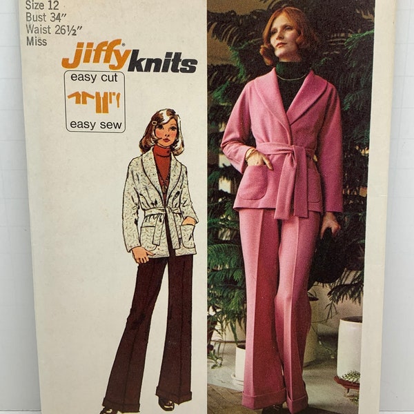 Vintage 1970s Simplicity 5840 Misses Stretch Knit Wrap Jacket with Sash and Slacks Pants Pantsuit  Jiffy Sewing Pattern Size 12 UNCUT FF
