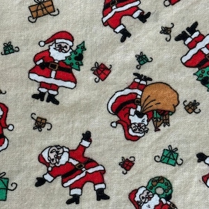 Santa Claus Toss Christmas Fabric Cotton Presents Trees Wreaths Beige Background Vintage 1990s One Yard