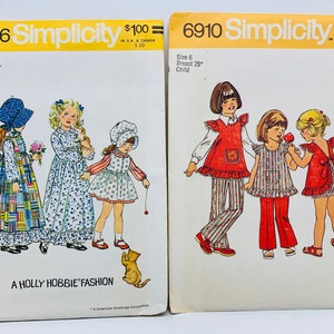 Vintage 70s Simplicity 5996 or 6910 Girl’s Holly Hobbie Dress Pinafore Bonnet or Top Pants and Panties Sewing Pattern Ruffles Size 6 UNCUT