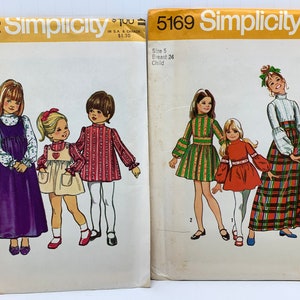 Vintage 1970s Girls Dresses in Two Lengths Sewing Pattern Simplicity 5222 or 5169 Jumper or Skirt Gathered to Bodice Size 5 UNCUT FF image 1