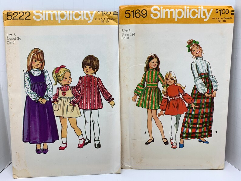 Vintage 1970s Girls Dresses in Two Lengths Sewing Pattern Simplicity 5222 or 5169 Jumper or Skirt Gathered to Bodice Size 5 UNCUT FF image 1