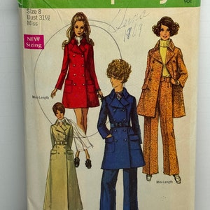 May include: Vintage Simplicity sewing pattern number 3502 for a mini-length coat. The pattern is for size 8, bust 31 1/2 inches, and is for misses. The pattern cover features three different styles of coats, one red, one blue, and one brown.