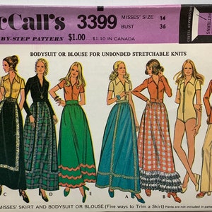 May include: A vintage sewing pattern for a bodysuit or blouse with five different skirt styles. The pattern is McCall's 3399 and is for misses' sizes 14-36. The pattern is for unbonded stretchable knits.