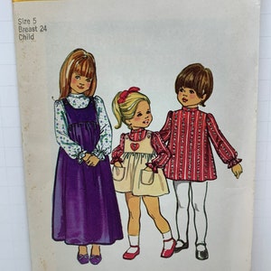 Vintage 1970s Girls Dresses in Two Lengths Sewing Pattern Simplicity 5222 or 5169 Jumper or Skirt Gathered to Bodice Size 5 UNCUT FF image 2