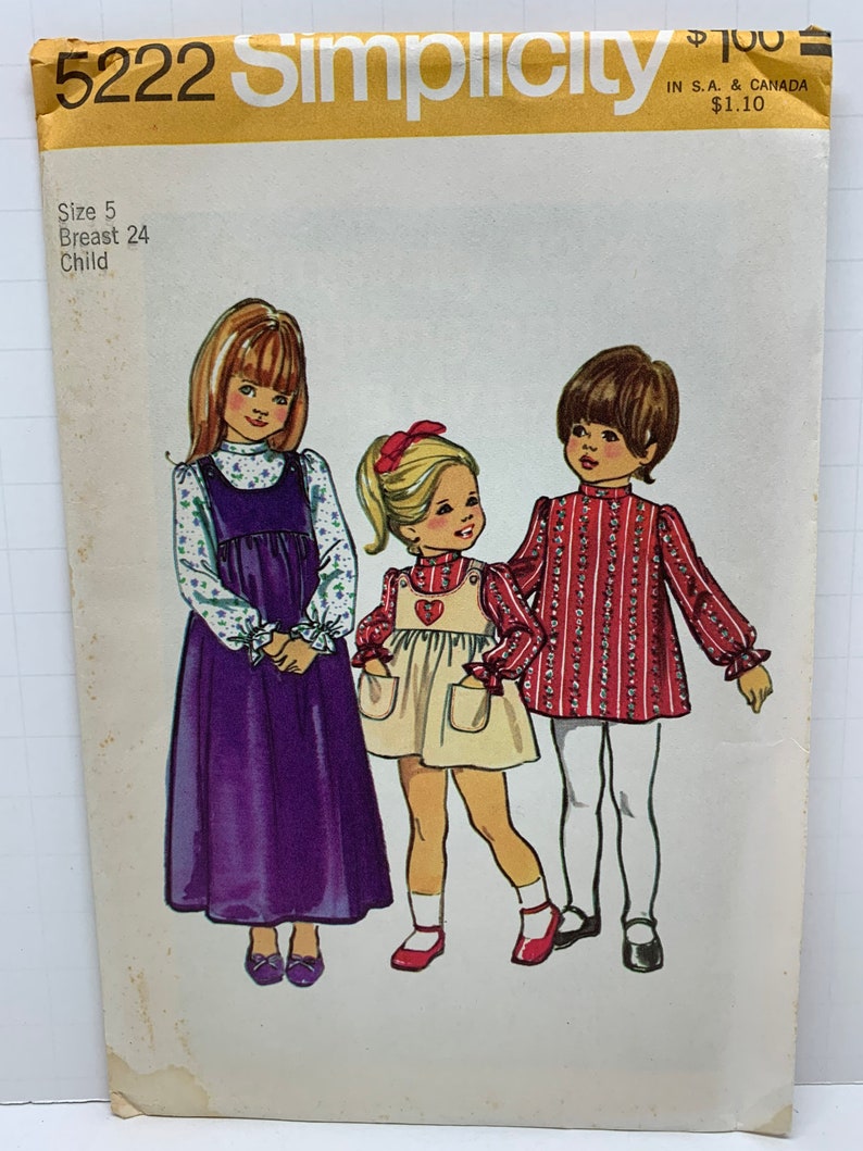 Vintage 1970s Girls Dresses in Two Lengths Sewing Pattern Simplicity 5222 or 5169 Jumper or Skirt Gathered to Bodice Size 5 UNCUT FF image 2