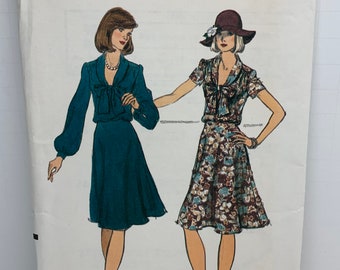 Vintage 70s Misses Dress with Collar and Bow Tie Sewing Pattern Short or Long Sleeves Modest Size 14 Bust 36 UNCUT FF